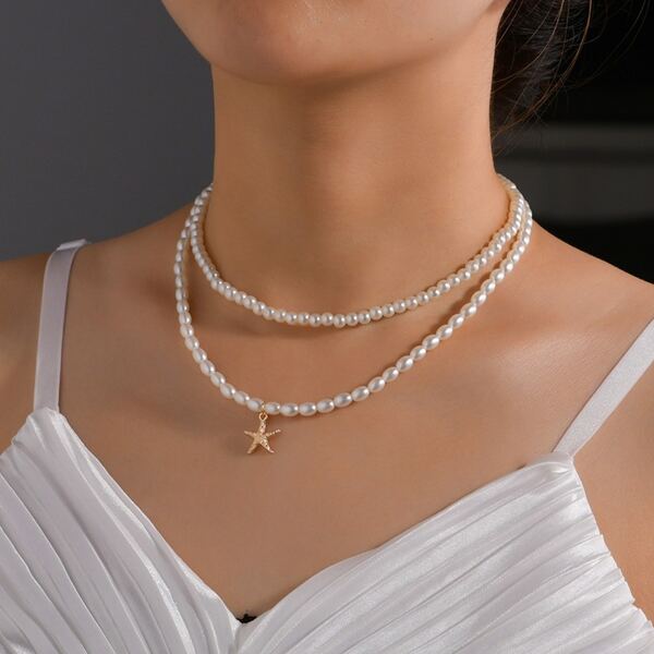 

Starfish Charm Faux Pearl Beaded Necklace, White
