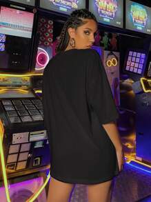 日月圖案落肩T恤 - 黑色 - 查看 2