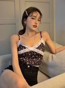 Contrast Lace Trim Ditsy Floral Crop Cami Top