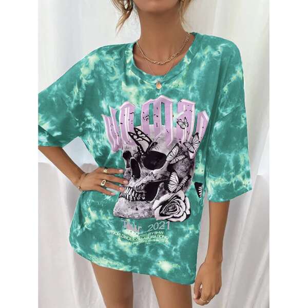 

Skeleton And Letter Graphic Tie Dye Oversized Tee, Green