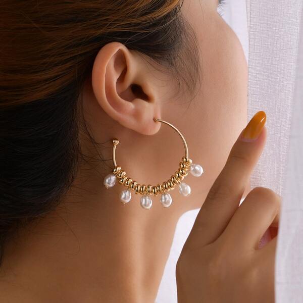 

Faux Pearl Decor Hoop Earrings, Gold