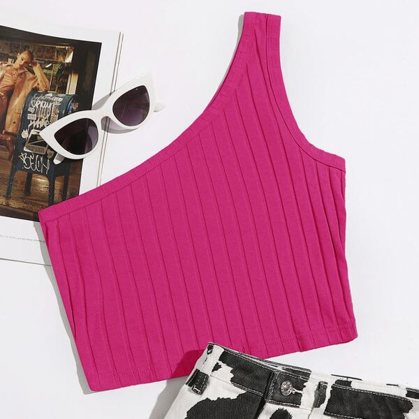 

One Shoulder Rib-knit Crop Top, Hot pink