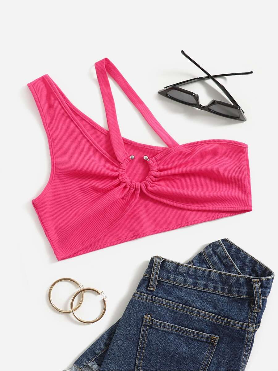 SHEIN ICON 不對稱領O形環細節上衣 - 玫紅色 - 查看 1