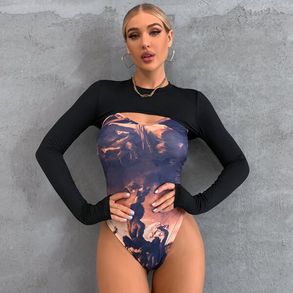 

Figure Graphic Cami Bodysuit With Super Crop Top, Multicolor