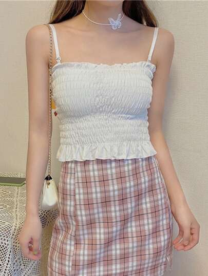 Honeyspot ソリッド フリル クロップキャミトップ