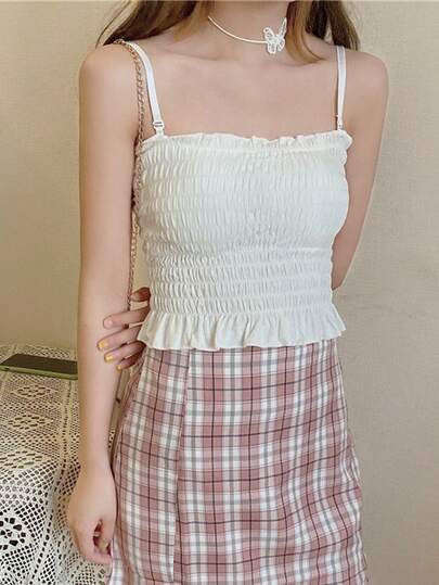 Honeyspot ソリッド フリル クロップキャミトップ