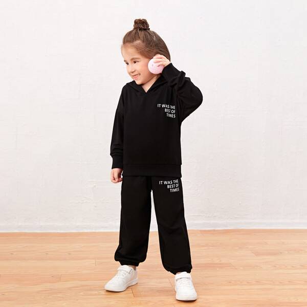 

Toddler Girls Slogan Graphic Drop Shoulder Hoodie & Sweatpants, Black