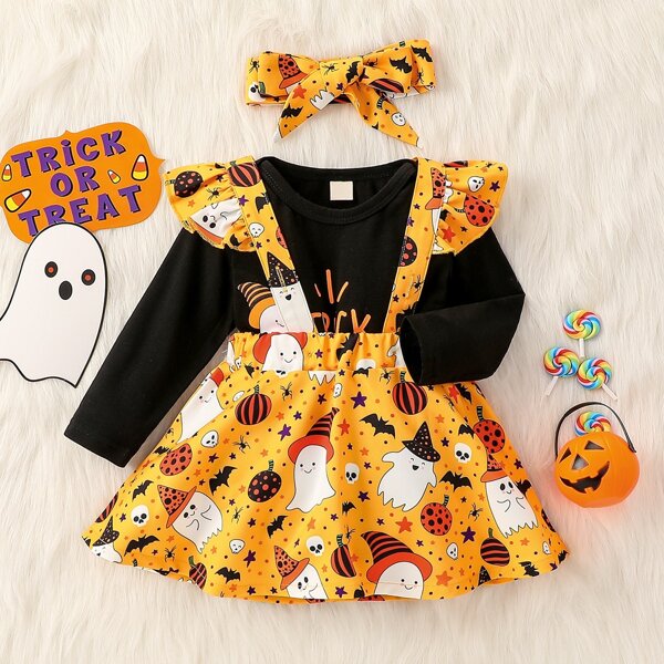 

Baby Slogan & Halloween Print Bodysuit & Suspender Skirt Set, Multicolor