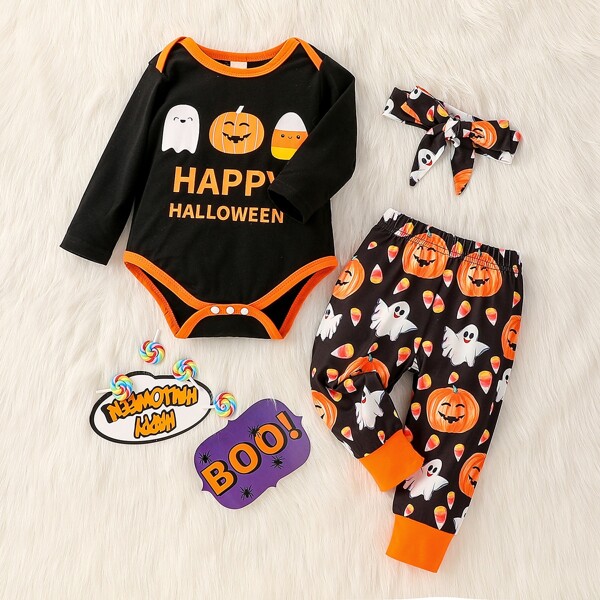 

Baby Halloween Letter And Pumpkin Print Contrast Binding Bodysuit & Sweatpants With Headband, Black