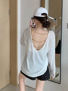 Chain Detail Open Back Drop Shoulder Tee - White - View 2