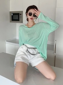 鏈條細節露背落肩T恤 - 薄荷綠 - 查看 1