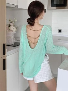 鏈條細節露背落肩T恤 - 薄荷綠 - 查看 2