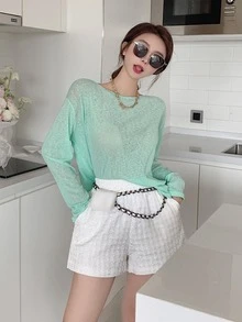 鏈條細節露背落肩T恤 - 薄荷綠 - 查看 3