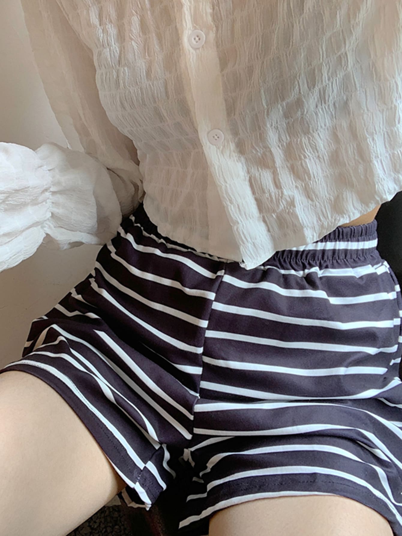 Striped Slit Hem Shorts - Black - View 1