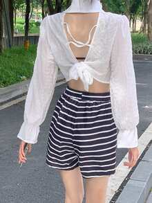Striped Slit Hem Shorts - Black - View 2