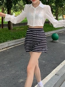 Striped Slit Hem Shorts - Black - View 3