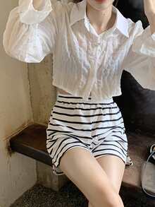 Striped Slit Hem Shorts - White - View 1