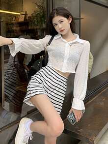 Striped Slit Hem Shorts - White - View 2