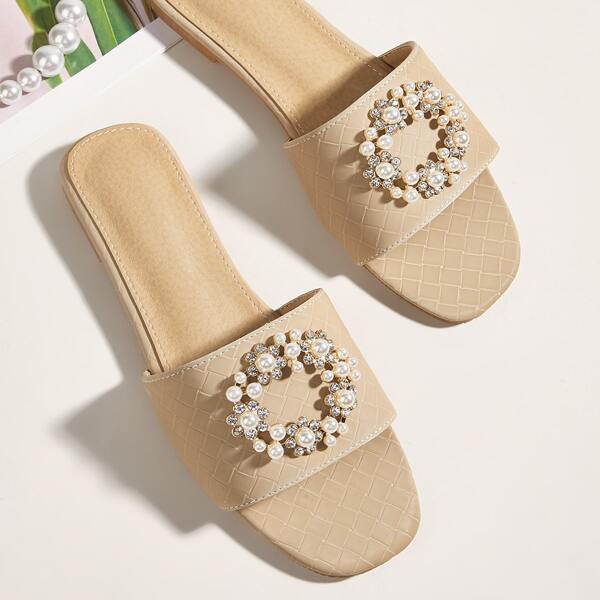 

Faux Pearl & Rhinestone Decor Slide Sandals, Apricot
