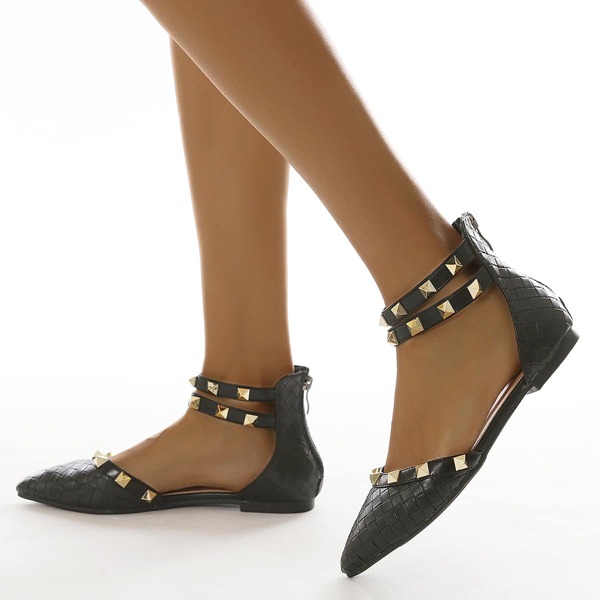

Braided Design Studded Decor Ankle Strap Flats, Black