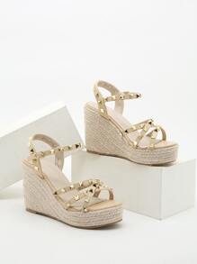 鉚釘裝飾編織坡跟涼鞋 - 米色 - 查看 2