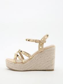鉚釘裝飾編織坡跟涼鞋 - 米色 - 查看 3