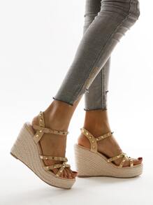 鉚釘裝飾編織坡跟涼鞋 - 米色 - 查看 4