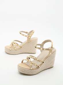 鉚釘裝飾編織坡跟涼鞋 - 米色 - 查看 6