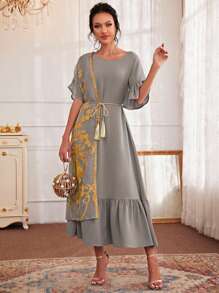 Al Najma Floral Embroidery Ruffle Hem Belted Dress - Grey - View 1