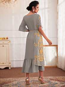 Al Najma Floral Embroidery Ruffle Hem Belted Dress - Grey - View 2