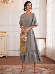 Al Najma Floral Embroidery Ruffle Hem Belted Dress - Grey - View 3