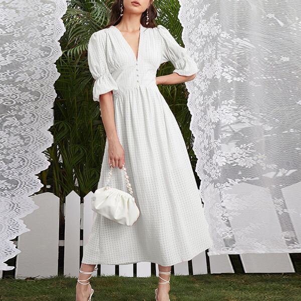 

Solid Puff Sleeve A-line Dress, White