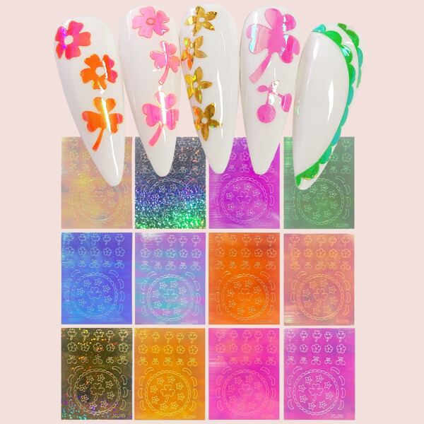 

12pcs Floral & Cherry Print Nail Art Sticker, Multicolor