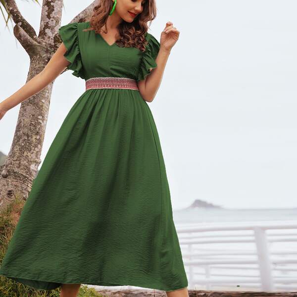 

Geo Embroidered Flutter Sleeve A-line Dress, Dark green