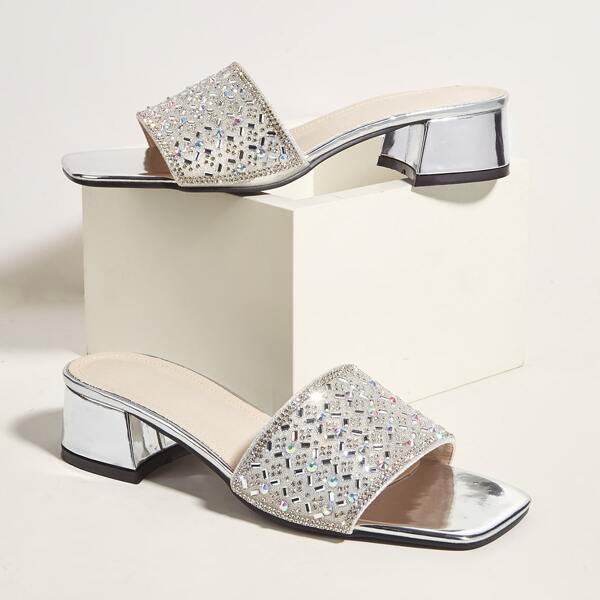 

Rhinestone Decor Chunky Sandal Mules, Silver
