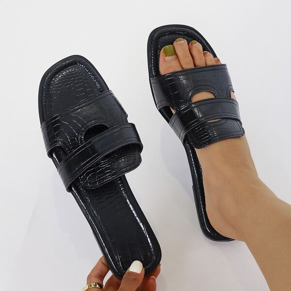 

Minimalist Croc Embossed Cut Out Slide Sandals, Black