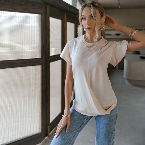 

Solid Draped Detail Tee, Beige