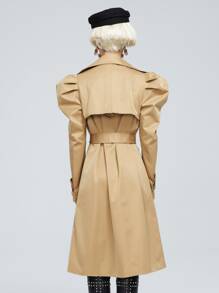 ZIAI Áo khoác dài tay phồng chống gió thời trang có đai lưng hai hàng khuy cho nữ - Lạc đà - Xem 5