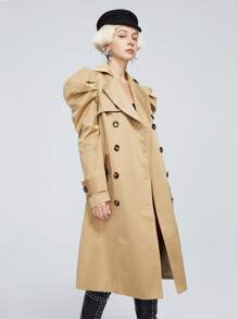 ZIAI Áo khoác dài tay phồng chống gió thời trang có đai lưng hai hàng khuy cho nữ - Lạc đà - Xem 3