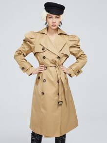 ZIAI Áo khoác dài tay phồng chống gió thời trang có đai lưng hai hàng khuy cho nữ - Lạc đà - Xem 4