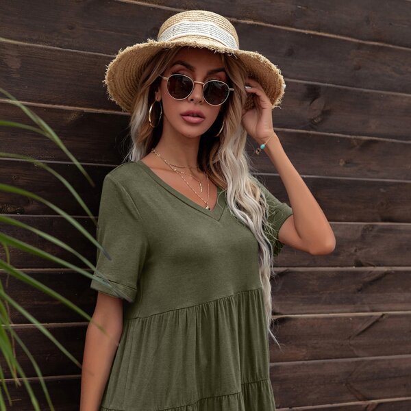 

Solid Ruffle Hem Babydoll Tee, Army green