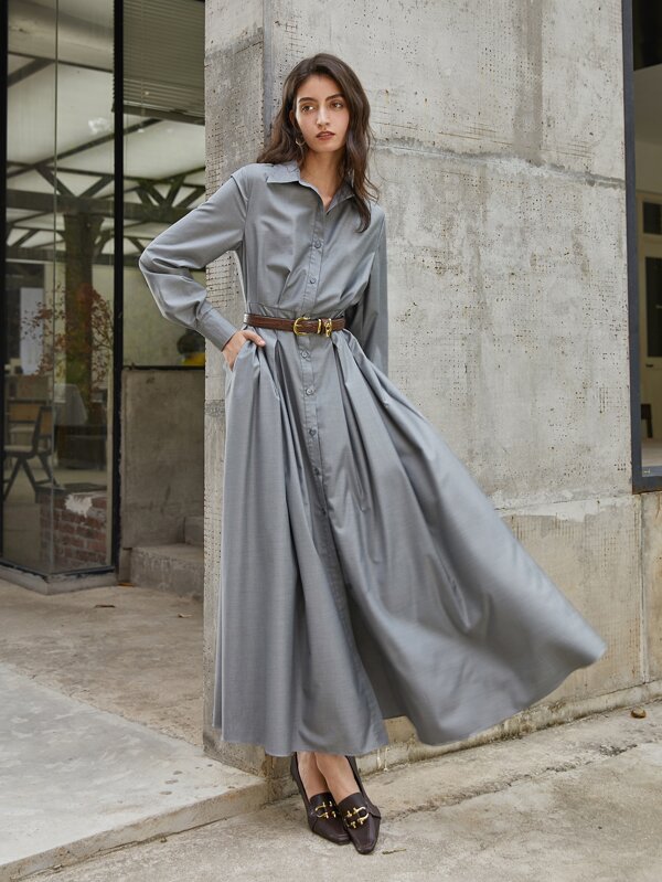 Button Through Slant Pocket Shirt Dress