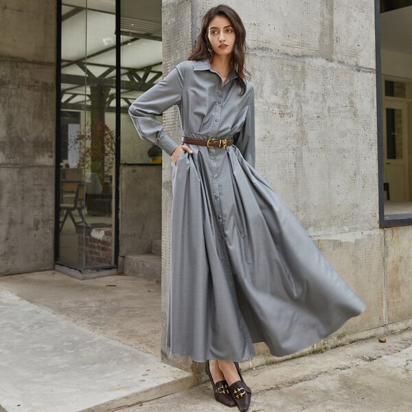 

Button Through Slant Pocket Shirt Dress Without Belt, Grey