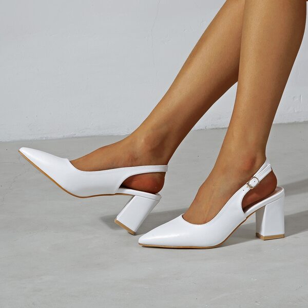 

Minimalist Point Toe Buckle Decor Slingback Pumps, White