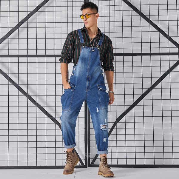 

Men Ripped Frayed Flap Pocket Denim Overalls, Medium wash
