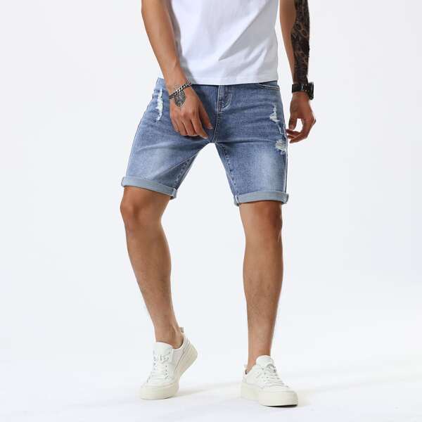 

Men Stone Wash Ripped Denim Shorts, Light wash