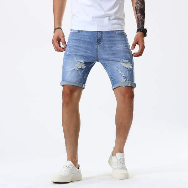 

Men Stone Wash Ripped Denim Shorts, Light wash