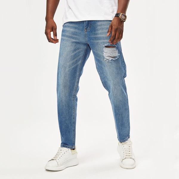 

Men Ripped Frayed Pocket Jeans, Blue