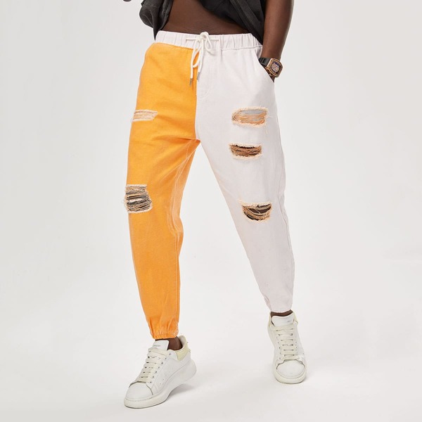 

Men Color Block Ripped Drawstring Waist Jogger Jeans, Multicolor