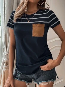 SHEIN LUNE Camiseta De Rayas Con Bolsillo Delantero - Azul Marino - View 1